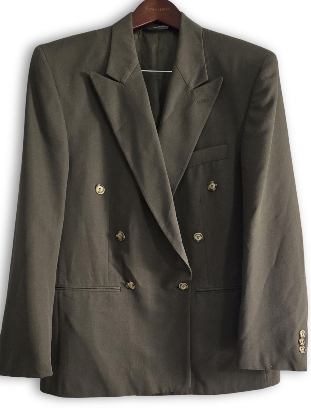Perry Ellis Portfolio Blazer Mens Olive Green Double Breasted Peak Lapel Wool